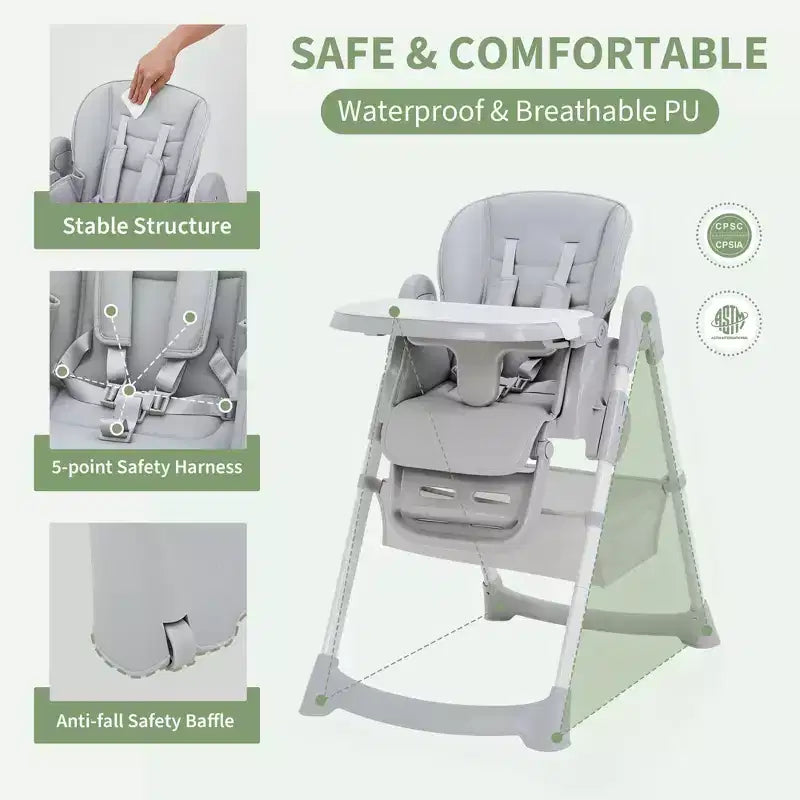 Chaise haute bébé multifonctionnelle avec hauteur et inclinaison réglables, pliable