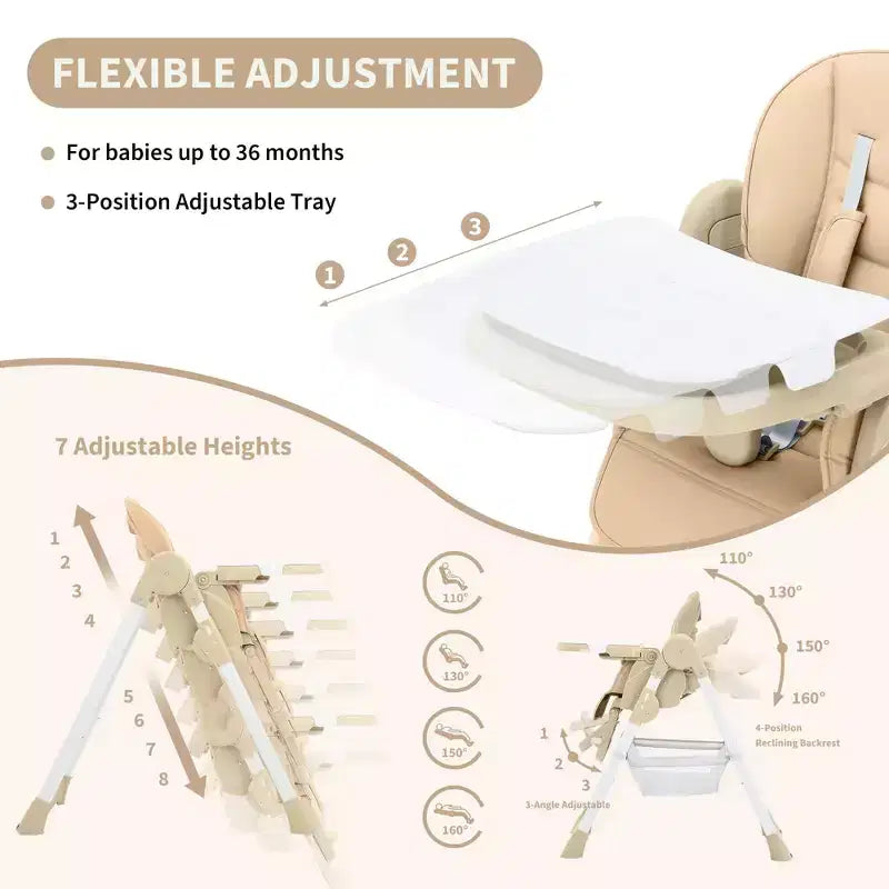 Chaise haute bébé multifonctionnelle avec hauteur et inclinaison réglables, pliable