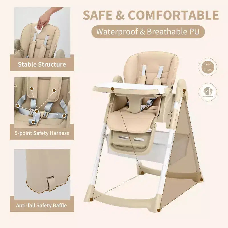 Chaise haute bébé multifonctionnelle avec hauteur et inclinaison réglables, pliable