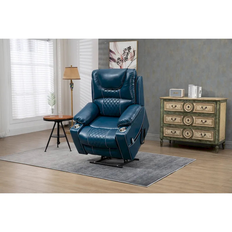 Fauteuil inclinable électrique surdimensionné en cuir PU bleu avec massage, chauffage, position allongée à plat