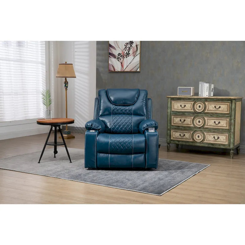 Fauteuil inclinable électrique surdimensionné en cuir PU bleu avec massage, chauffage, position allongée à plat