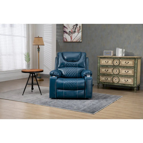Fauteuil inclinable électrique surdimensionné en cuir PU bleu avec massage, chauffage, position allongée à plat