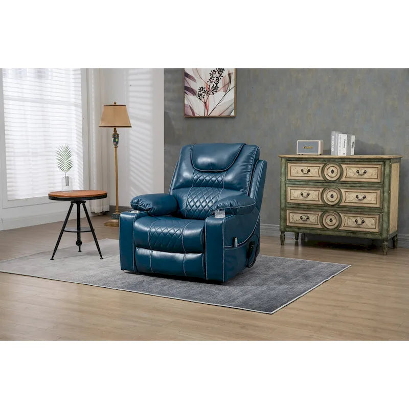Fauteuil inclinable électrique surdimensionné en cuir PU bleu avec massage, chauffage, position allongée à plat