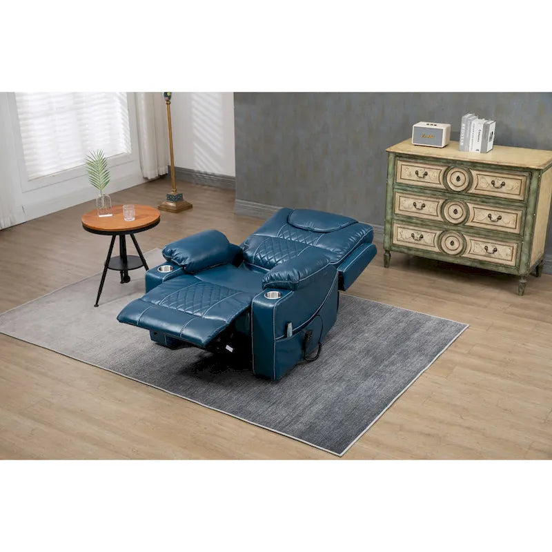 Fauteuil inclinable électrique surdimensionné en cuir PU bleu avec massage, chauffage, position allongée à plat