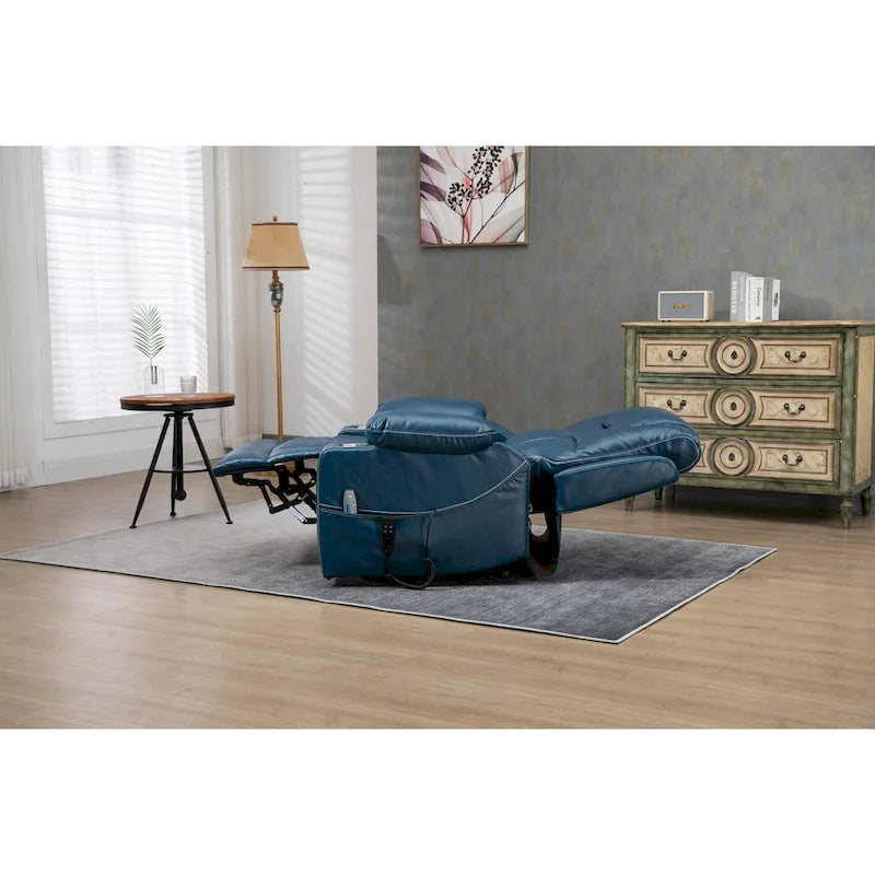 Fauteuil inclinable électrique surdimensionné en cuir PU bleu avec massage, chauffage, position allongée à plat