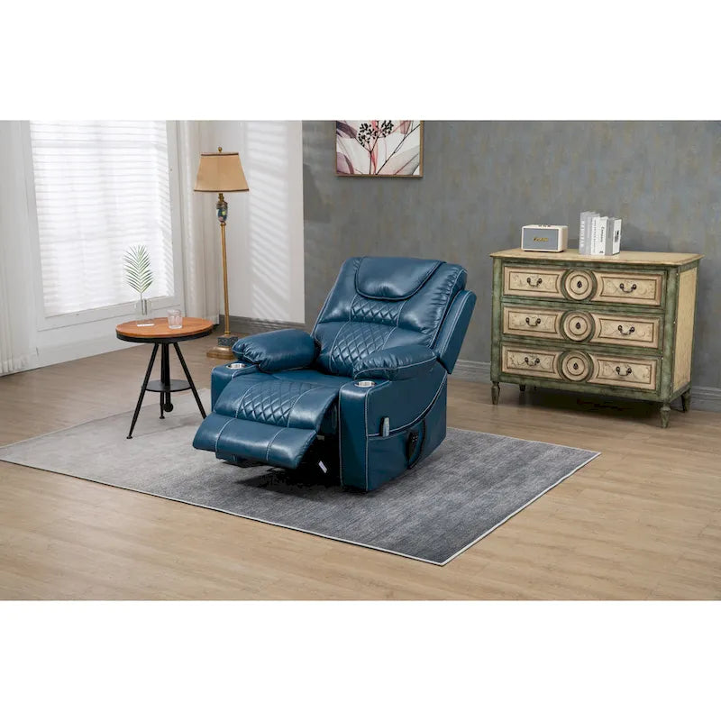 Fauteuil inclinable électrique surdimensionné en cuir PU bleu avec massage, chauffage, position allongée à plat