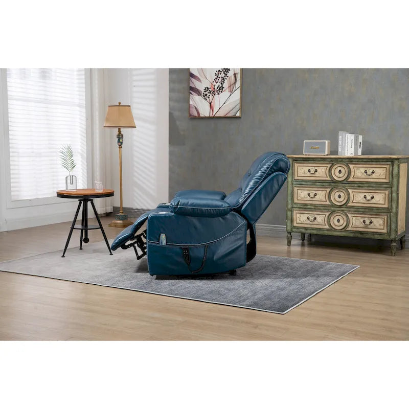 Fauteuil inclinable électrique surdimensionné en cuir PU bleu avec massage, chauffage, position allongée à plat