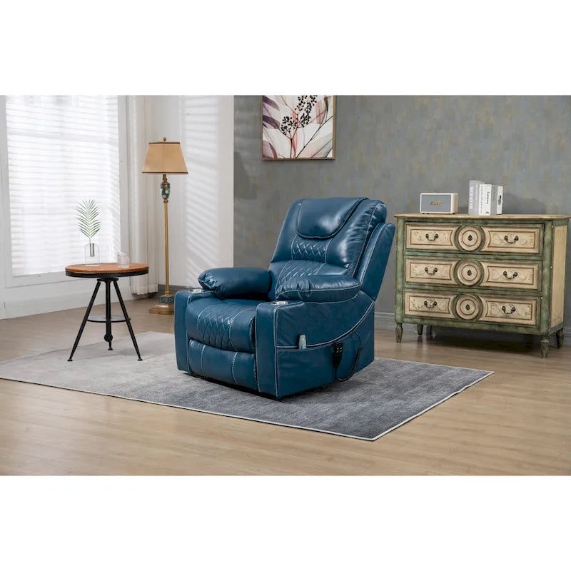 Fauteuil inclinable électrique surdimensionné en cuir PU bleu avec massage, chauffage, position allongée à plat