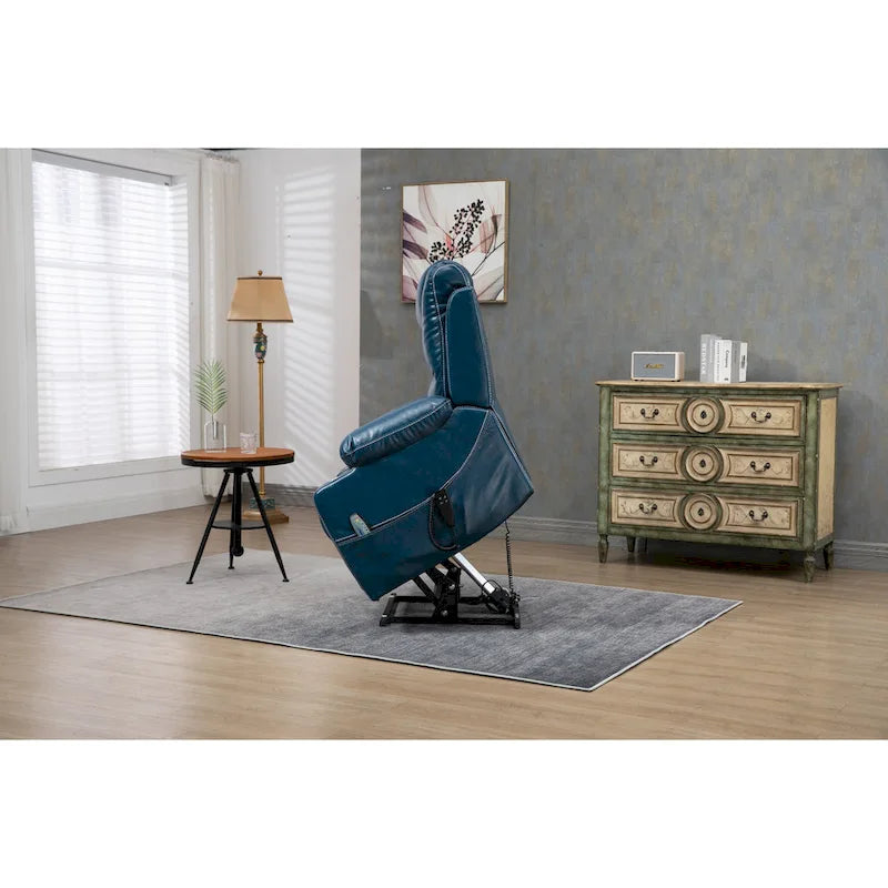 Fauteuil inclinable électrique surdimensionné en cuir PU bleu avec massage, chauffage, position allongée à plat
