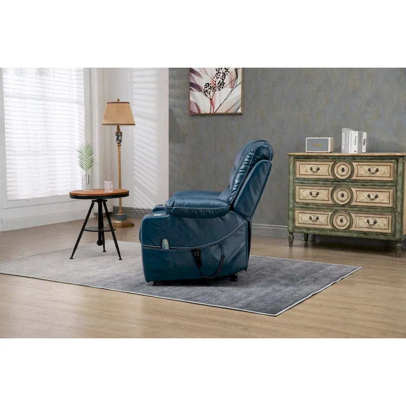 Fauteuil inclinable électrique surdimensionné en cuir PU bleu avec massage, chauffage, position allongée à plat