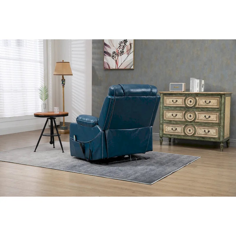 Fauteuil inclinable électrique surdimensionné en cuir PU bleu avec massage, chauffage, position allongée à plat