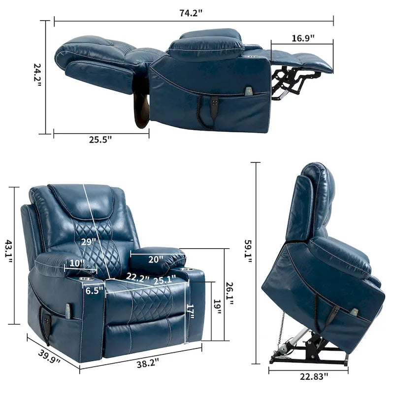 Fauteuil inclinable électrique surdimensionné en cuir PU bleu avec massage, chauffage, position allongée à plat
