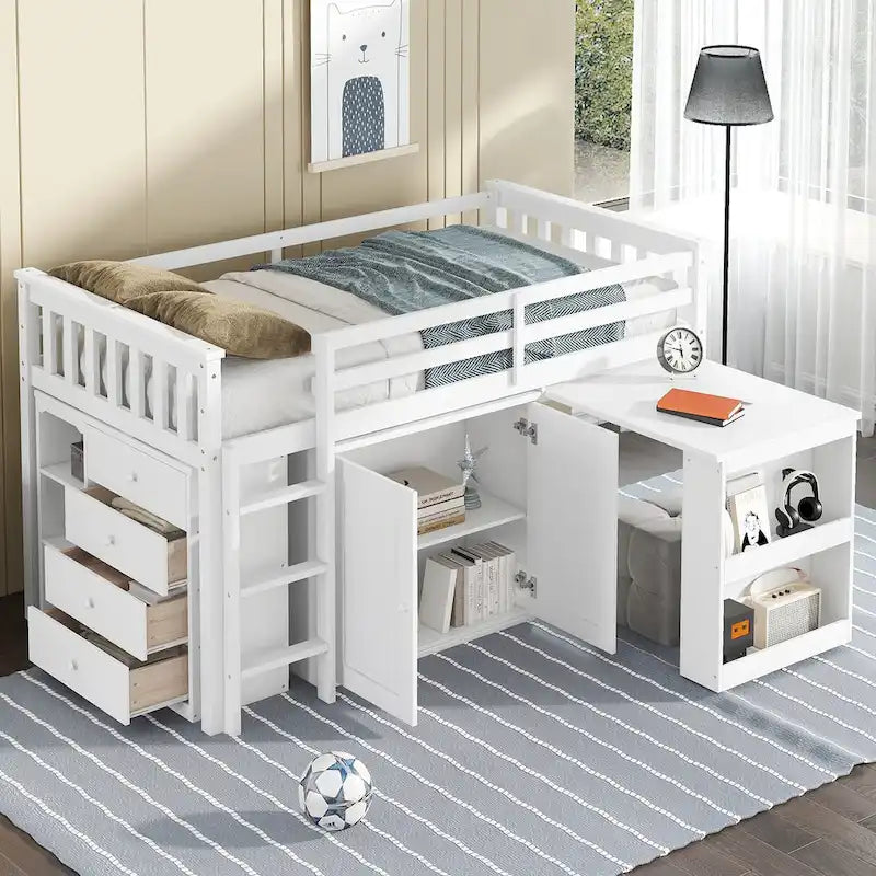 Lit mezzanine double avec bureau coulissant, 2 armoires, 4 tiroirs et étagères