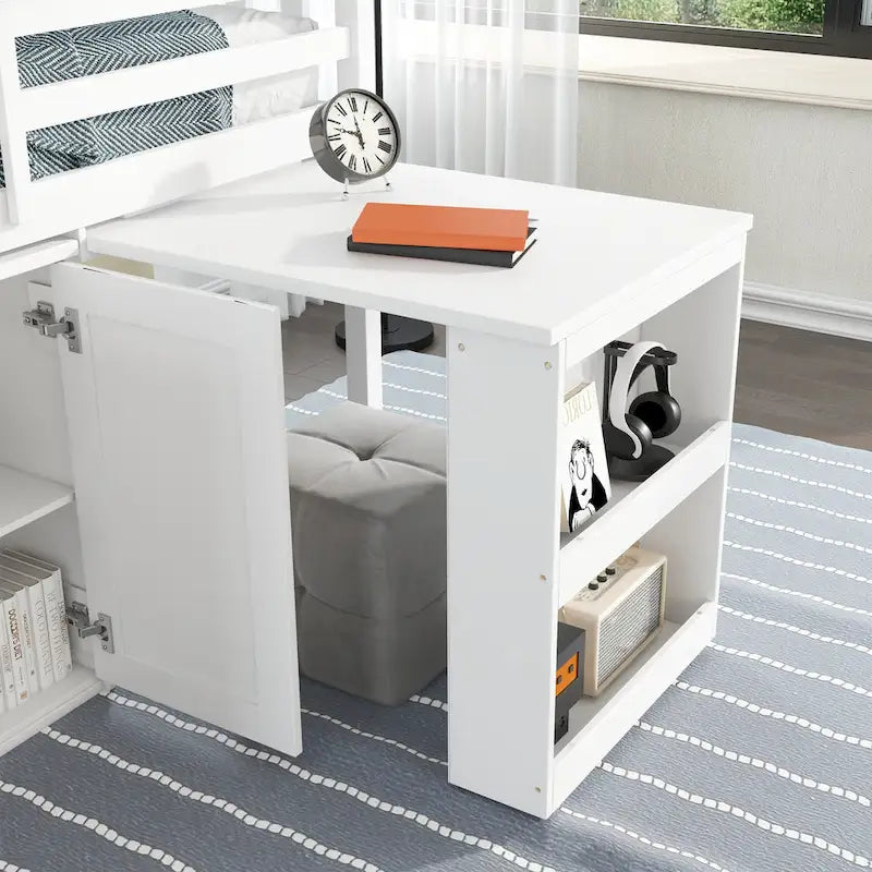 Lit mezzanine double avec bureau coulissant, 2 armoires, 4 tiroirs et étagères
