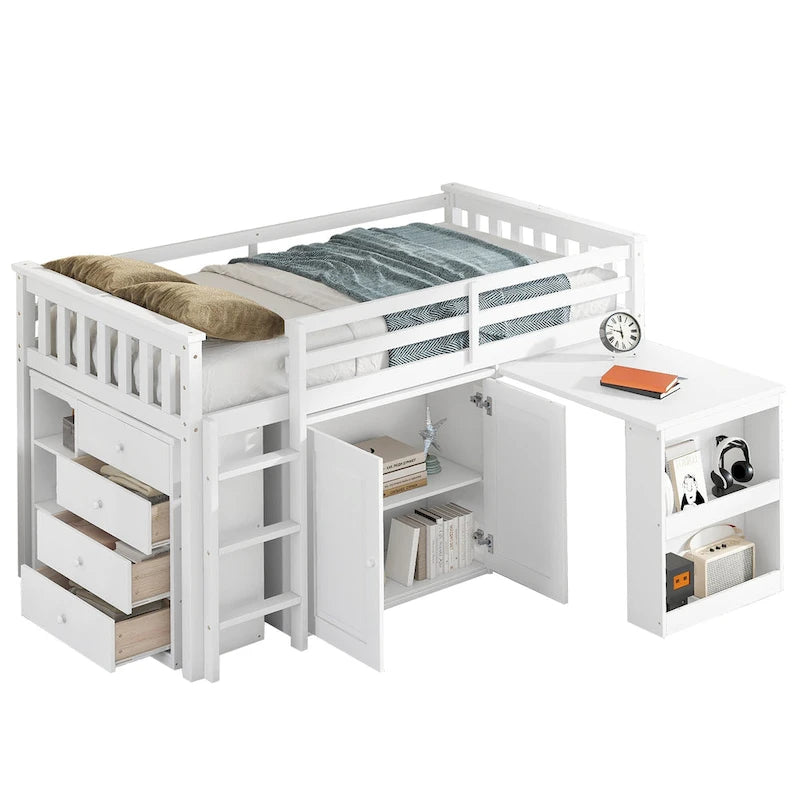 Lit mezzanine double avec bureau coulissant, 2 armoires, 4 tiroirs et étagères