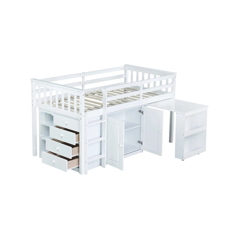 Lit mezzanine double avec bureau coulissant, 2 armoires, 4 tiroirs et étagères