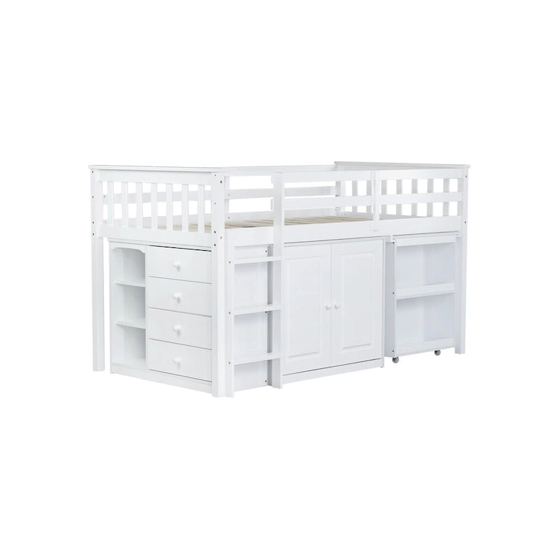 Lit mezzanine double avec bureau coulissant, 2 armoires, 4 tiroirs et étagères
