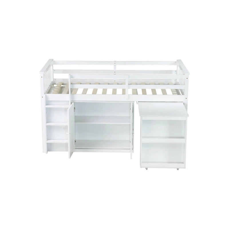Lit mezzanine double avec bureau coulissant, 2 armoires, 4 tiroirs et étagères