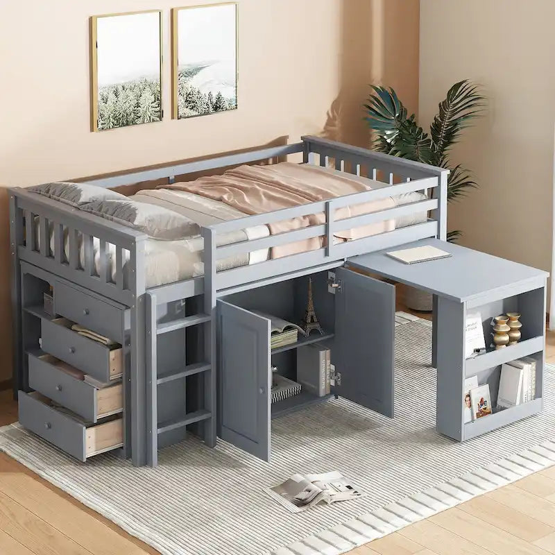 Lit mezzanine double avec bureau coulissant, 2 armoires, 4 tiroirs et étagères