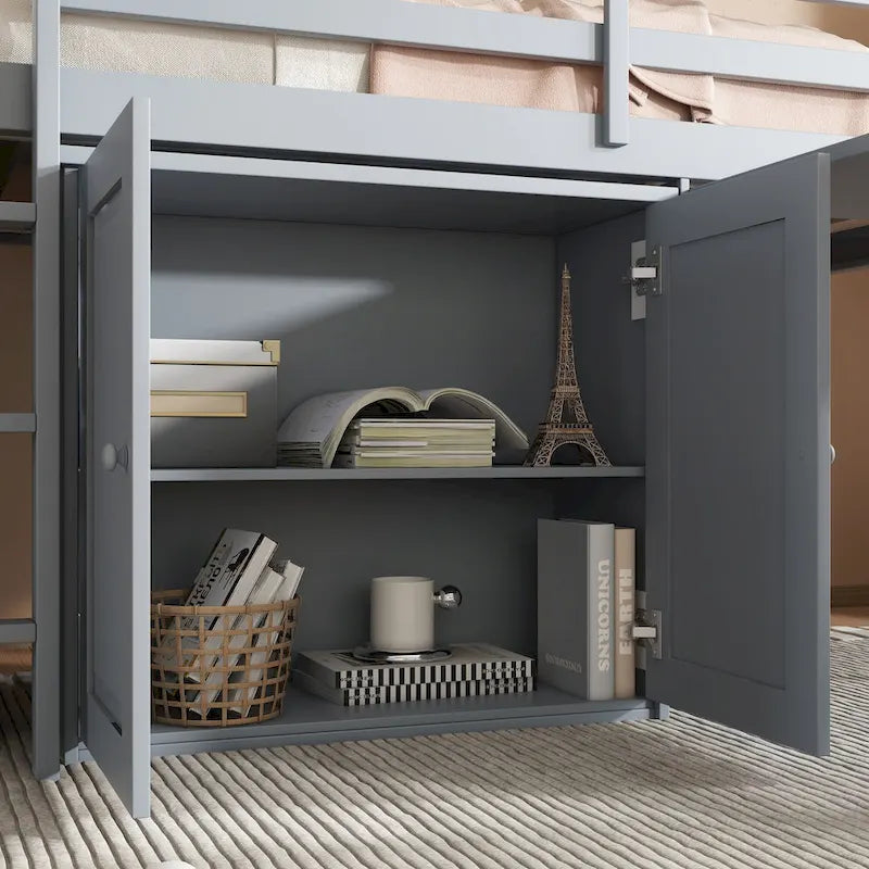 Lit mezzanine double avec bureau coulissant, 2 armoires, 4 tiroirs et étagères