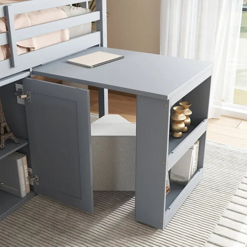 Lit mezzanine double avec bureau coulissant, 2 armoires, 4 tiroirs et étagères