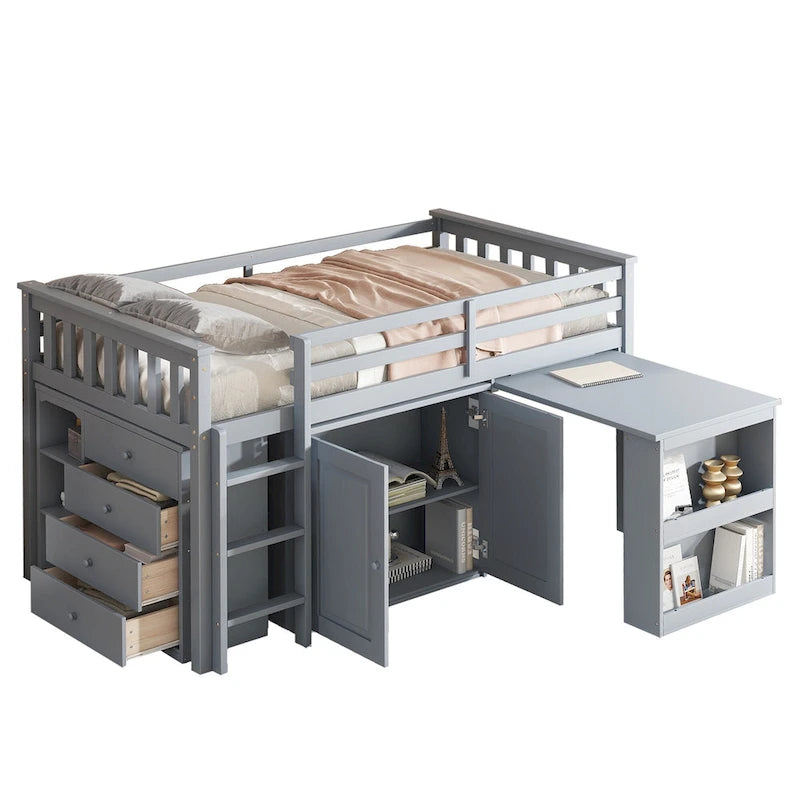 Lit mezzanine double avec bureau coulissant, 2 armoires, 4 tiroirs et étagères