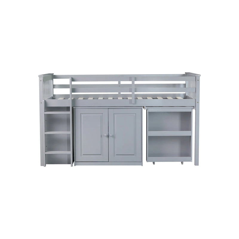 Lit mezzanine double avec bureau coulissant, 2 armoires, 4 tiroirs et étagères