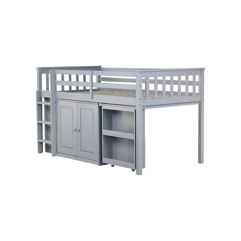 Lit mezzanine double avec bureau coulissant, 2 armoires, 4 tiroirs et étagères