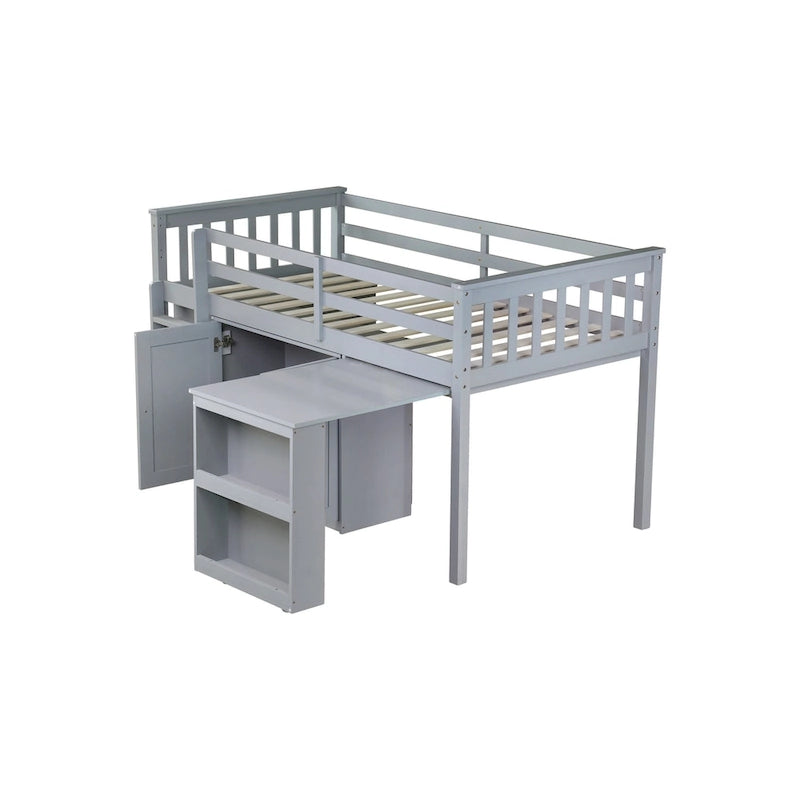 Lit mezzanine double avec bureau coulissant, 2 armoires, 4 tiroirs et étagères