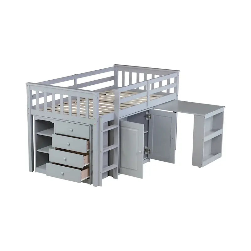 Lit mezzanine double avec bureau coulissant, 2 armoires, 4 tiroirs et étagères