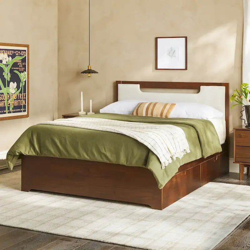 Lit plateforme de rangement en bois massif Mid-Century Modern