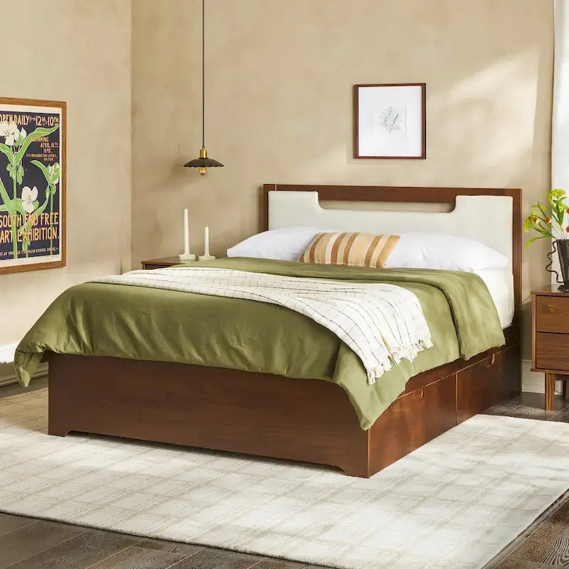 Lit plateforme de rangement en bois massif Mid-Century Modern