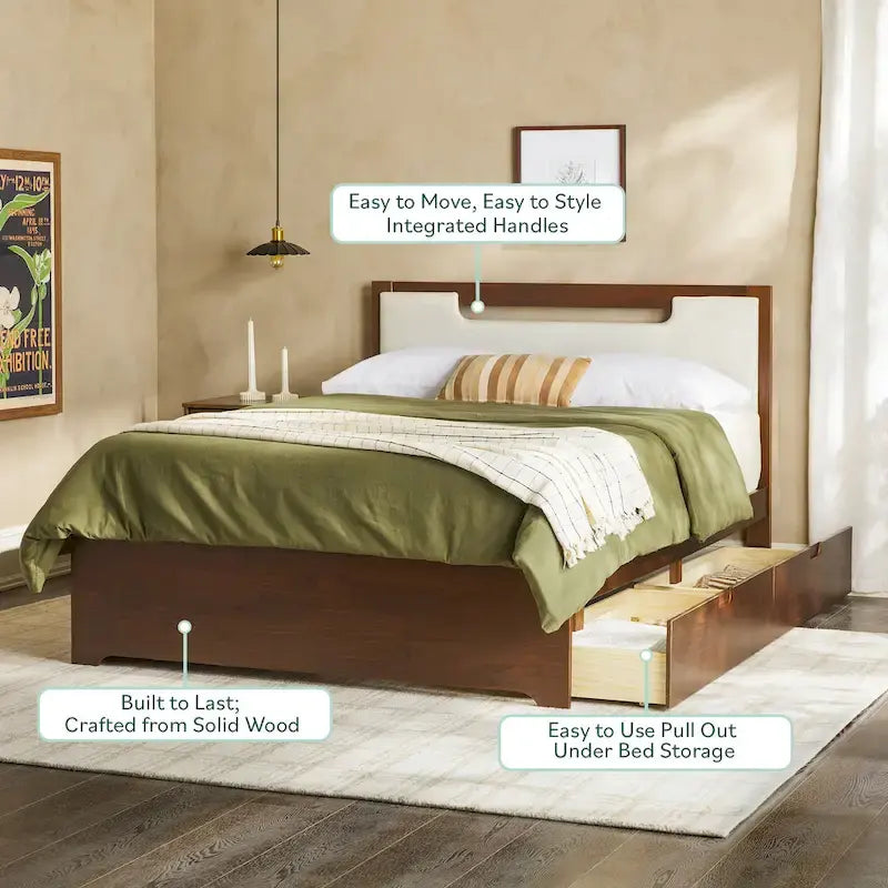 Lit plateforme de rangement en bois massif Mid-Century Modern