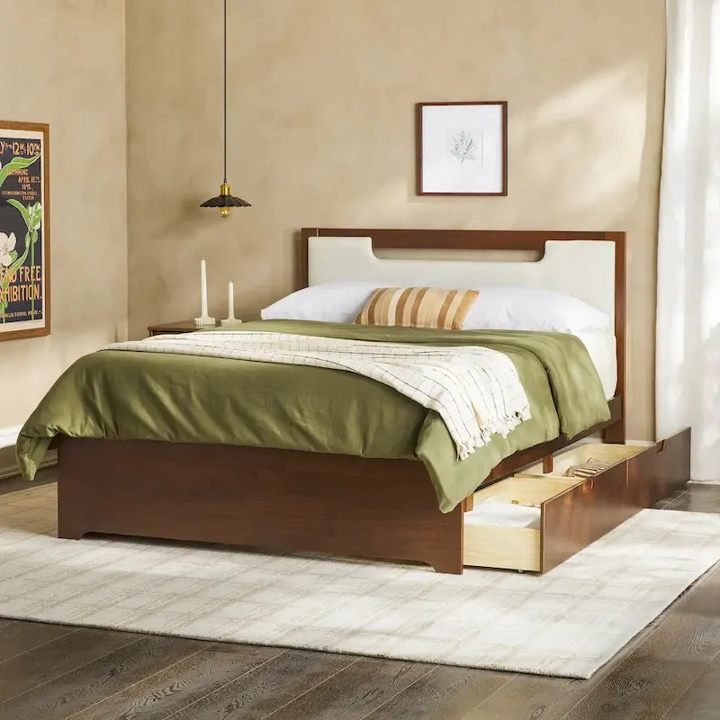 Lit plateforme de rangement en bois massif Mid-Century Modern