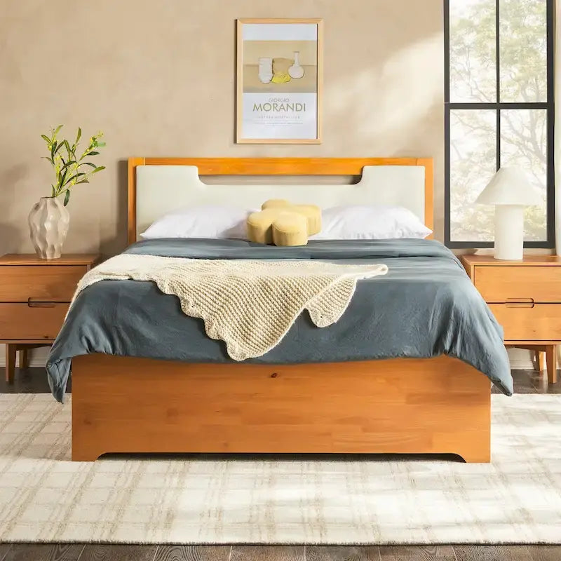 Lit plateforme de rangement en bois massif Mid-Century Modern