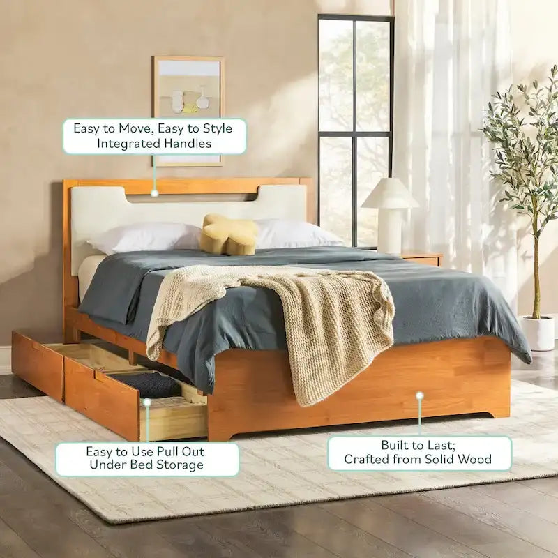 Lit plateforme de rangement en bois massif Mid-Century Modern
