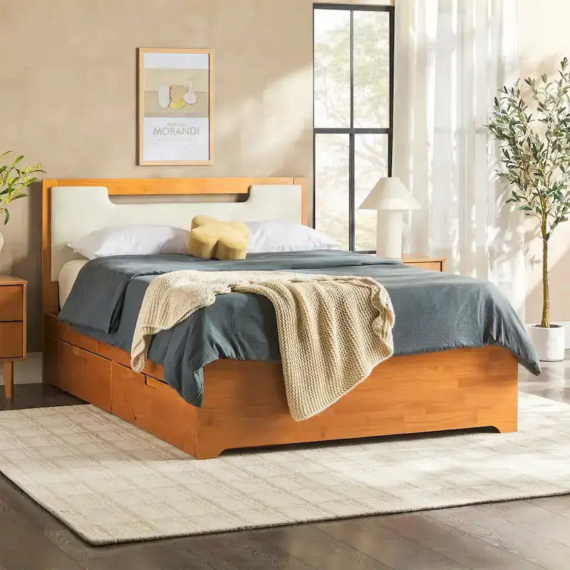 Lit plateforme de rangement en bois massif Mid-Century Modern