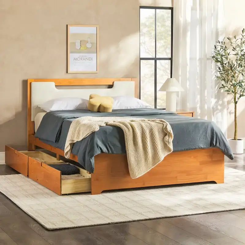 Lit plateforme de rangement en bois massif Mid-Century Modern