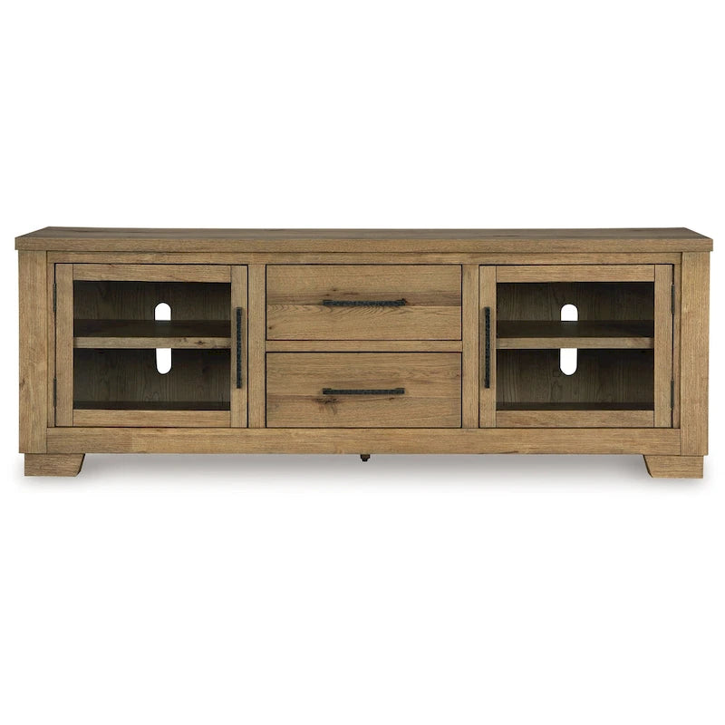Grand meuble TV, 2 tiroirs, 4 étagères, bois marron, 80 pouces