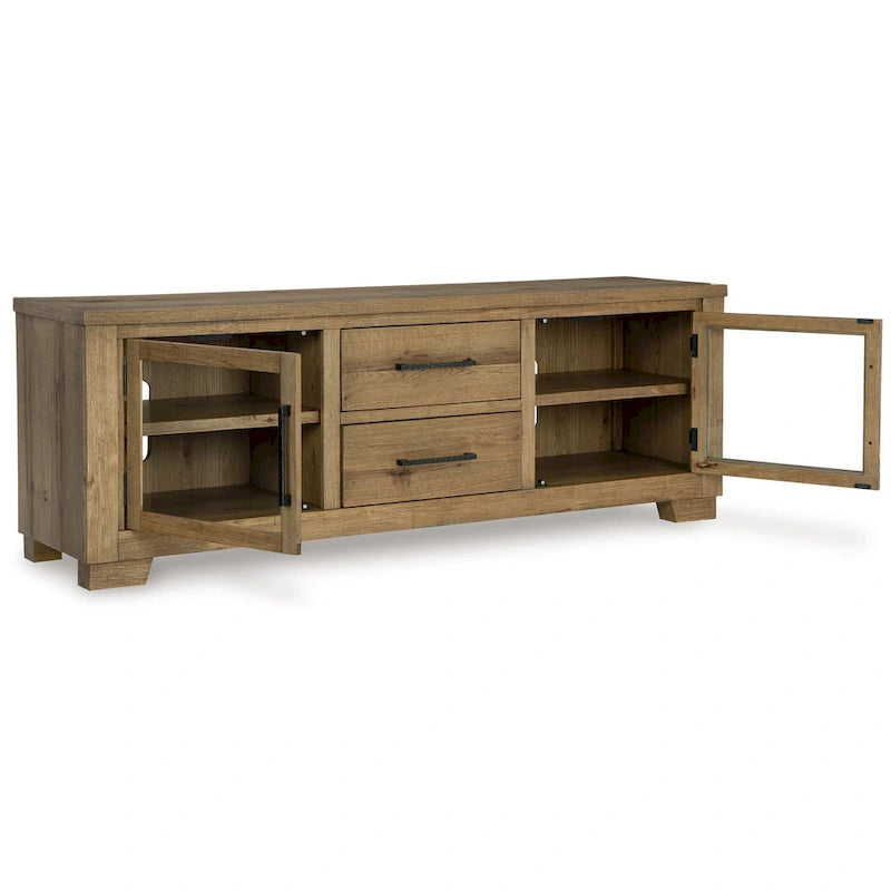 Grand meuble TV, 2 tiroirs, 4 étagères, bois marron, 80 pouces