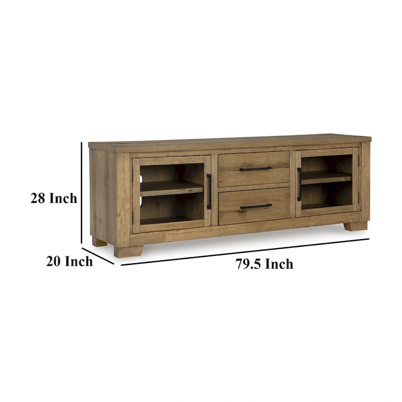 Grand meuble TV, 2 tiroirs, 4 étagères, bois marron, 80 pouces