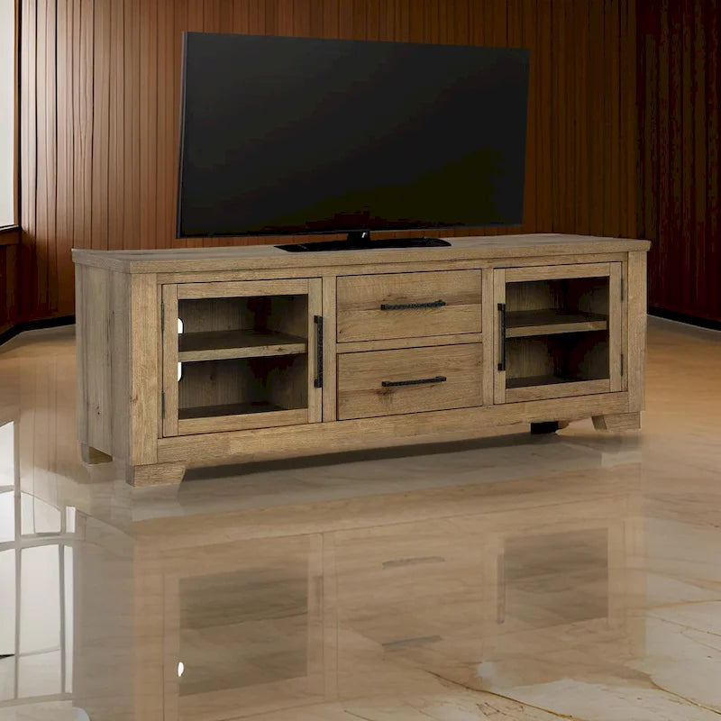 Grand meuble TV, 2 tiroirs, 4 étagères, bois marron, 80 pouces