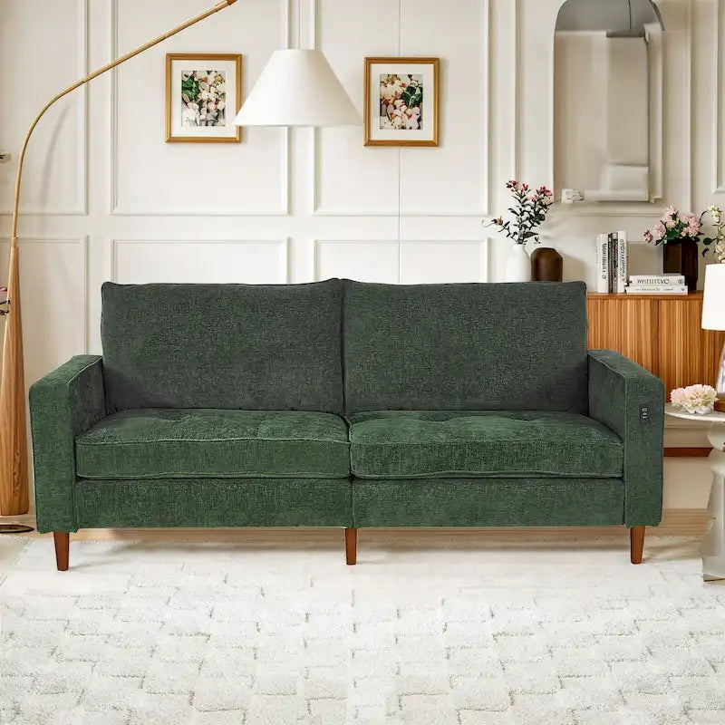 Causeuse de style moderne avec accoudoirs carrés de 208 cm de largeur en tissu chenille avec ports USB