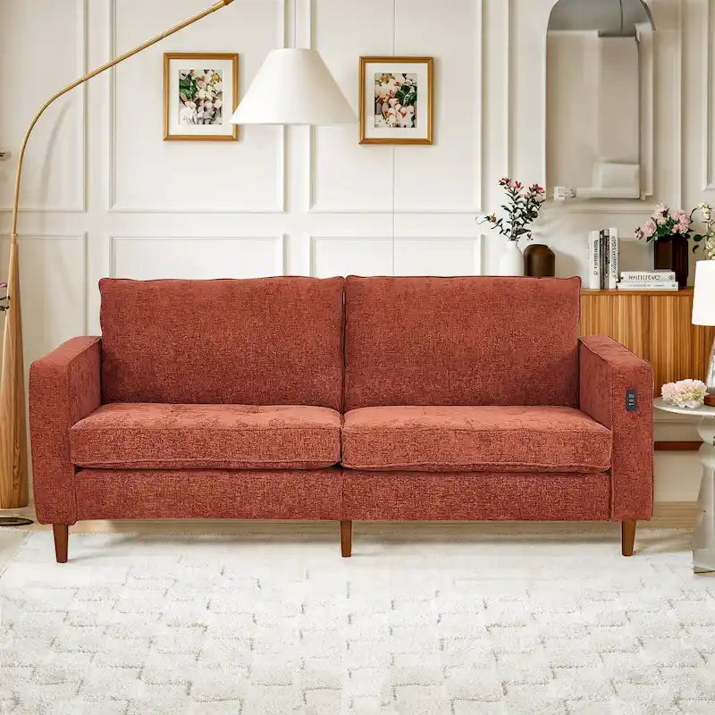 Causeuse de style moderne avec accoudoirs carrés de 208 cm de largeur en tissu chenille avec ports USB