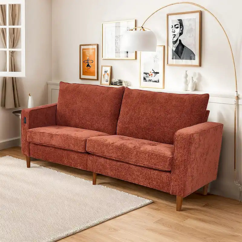 Causeuse de style moderne avec accoudoirs carrés de 208 cm de largeur en tissu chenille avec ports USB