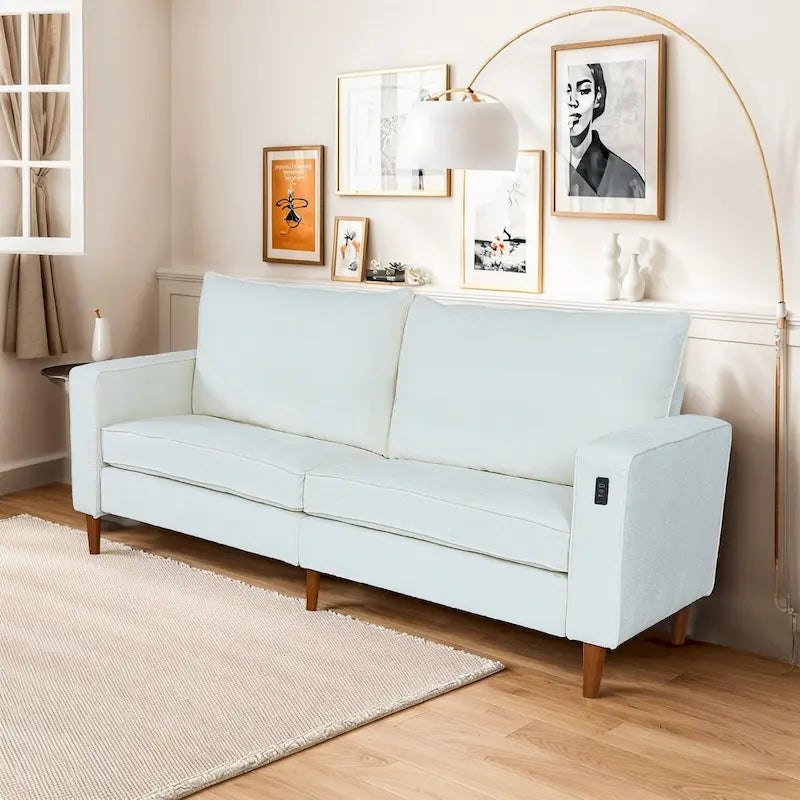 Causeuse de style moderne avec accoudoirs carrés de 208 cm de largeur en tissu chenille avec ports USB