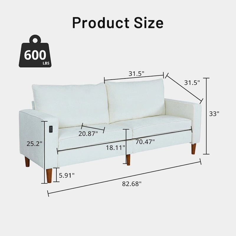 Causeuse de style moderne avec accoudoirs carrés de 208 cm de largeur en tissu chenille avec ports USB