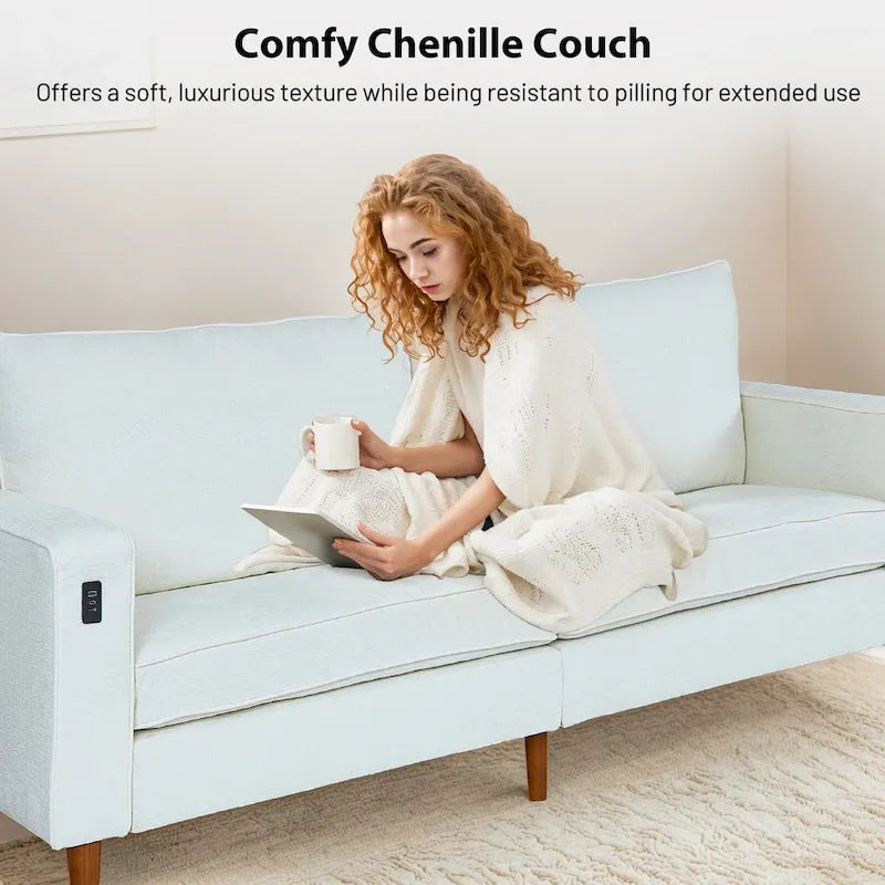 Causeuse de style moderne avec accoudoirs carrés de 208 cm de largeur en tissu chenille avec ports USB