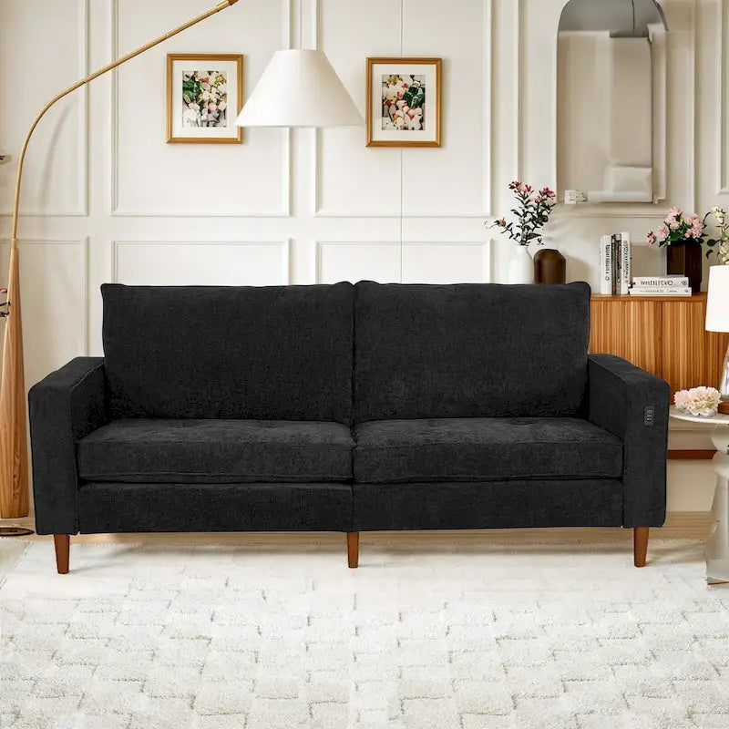 Causeuse de style moderne avec accoudoirs carrés de 208 cm de largeur en tissu chenille avec ports USB