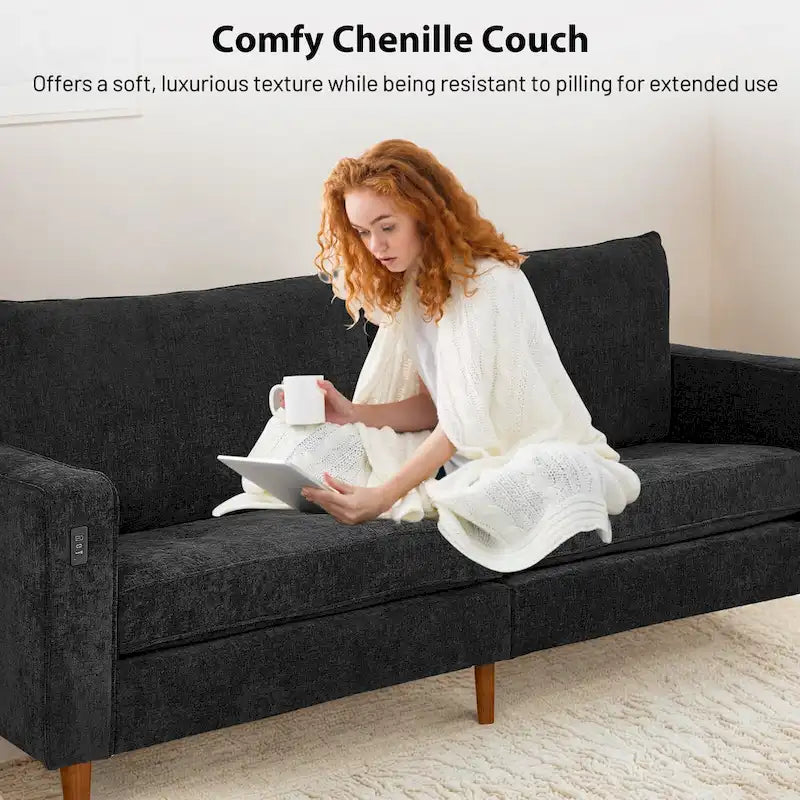 Causeuse de style moderne avec accoudoirs carrés de 208 cm de largeur en tissu chenille avec ports USB